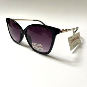 New Original TRUE RELIGION Cat Eye Sunglasses Acetate Black Metal Logo Gold XXX